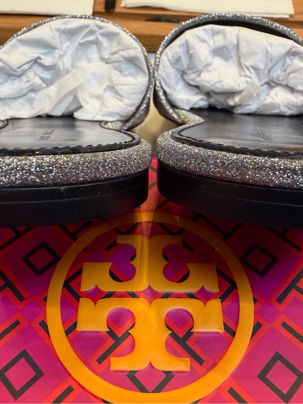 Tory Burch Silver Glitter Double-T Crystal Eleanor Slide Sandals - Picture 7 of 12